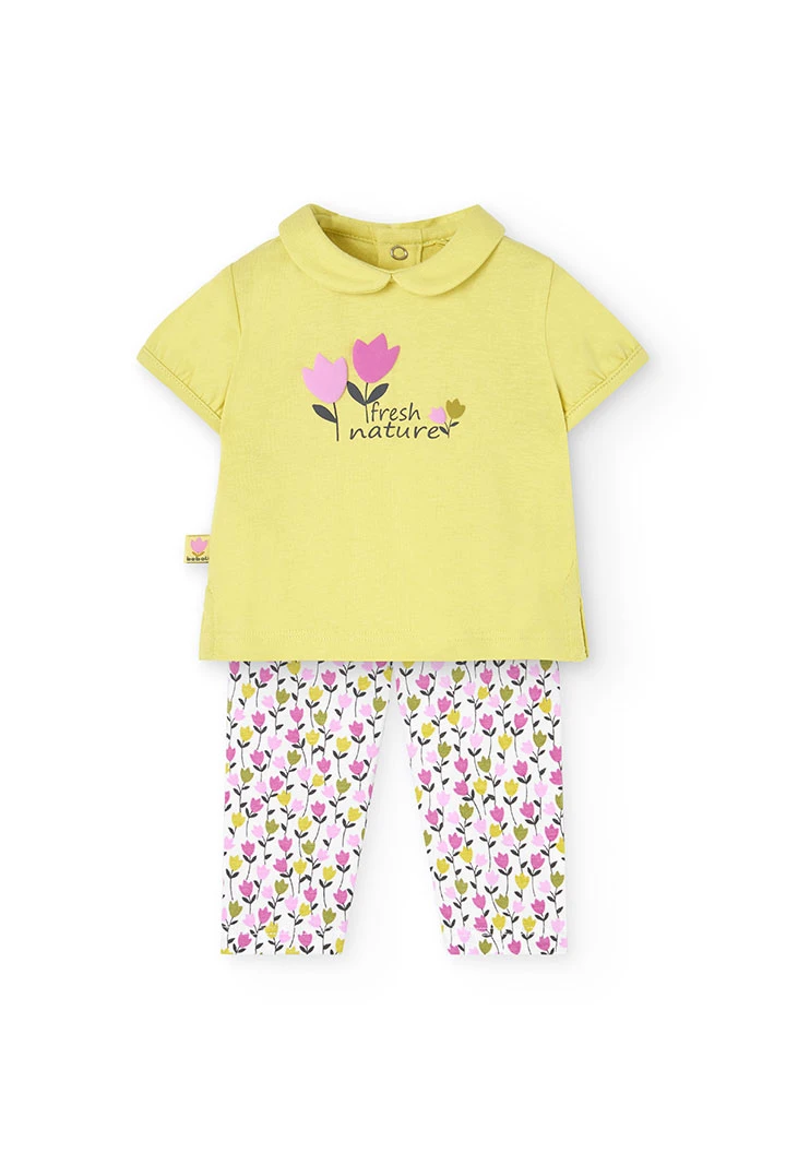 Completo di maglietta e pantalone a maglia per neonata in colore verde con stampa floreale.