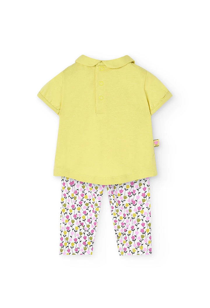 Completo di maglietta e pantalone a maglia per neonata in colore verde con stampa floreale.