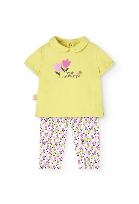 Completo di maglietta e pantalone a maglia per neonata in colore verde con stampa floreale.