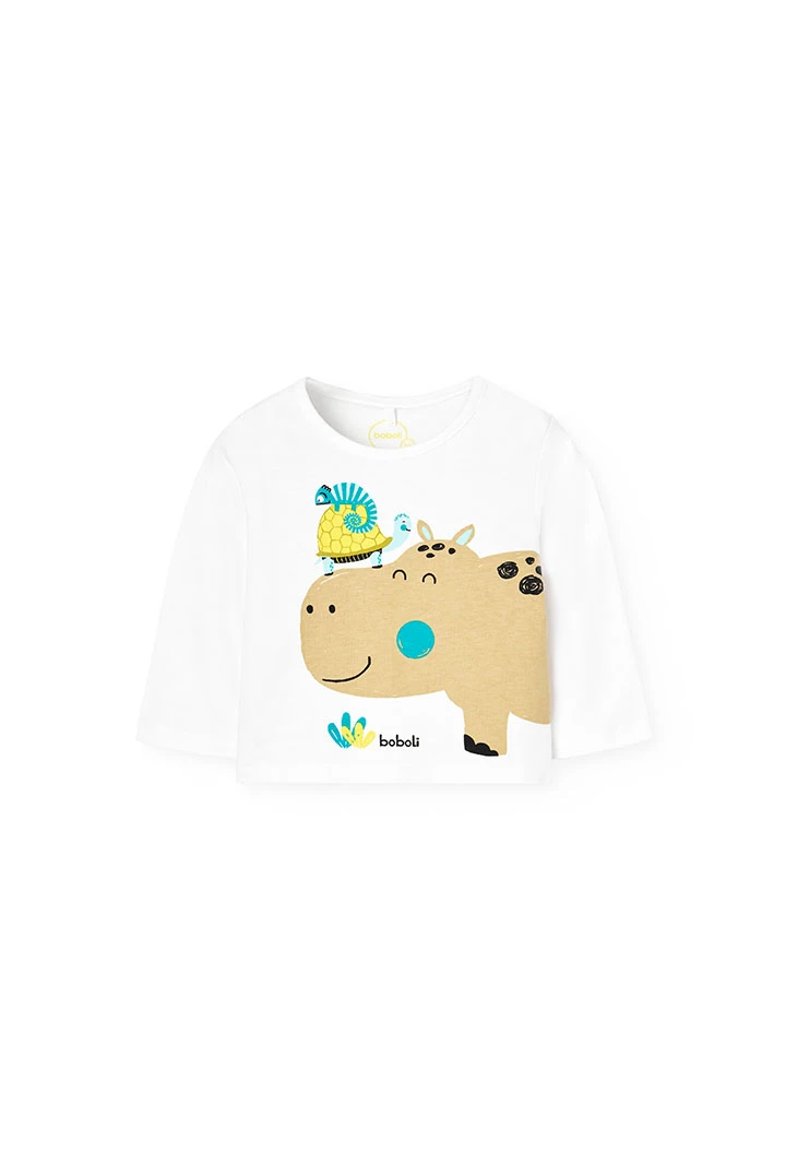 Completo lavorato a maglia per bambino in colore bianco con stampa di ippopotamo.