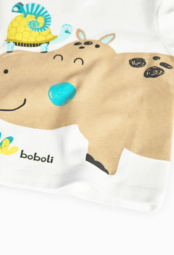 Completo lavorato a maglia per bambino in colore bianco con stampa di ippopotamo.