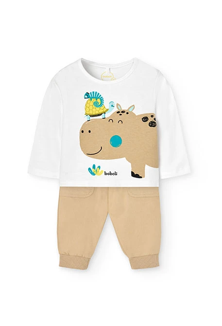 Completo lavorato a maglia per bambino in colore bianco con stampa di ippopotamo.