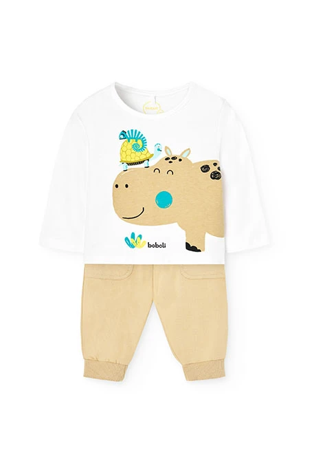 Baby boy knitted set in white with hippo print.