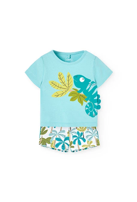 Completo di t-shirt e pantaloncini in maglia per bambino neonato di colore verde.