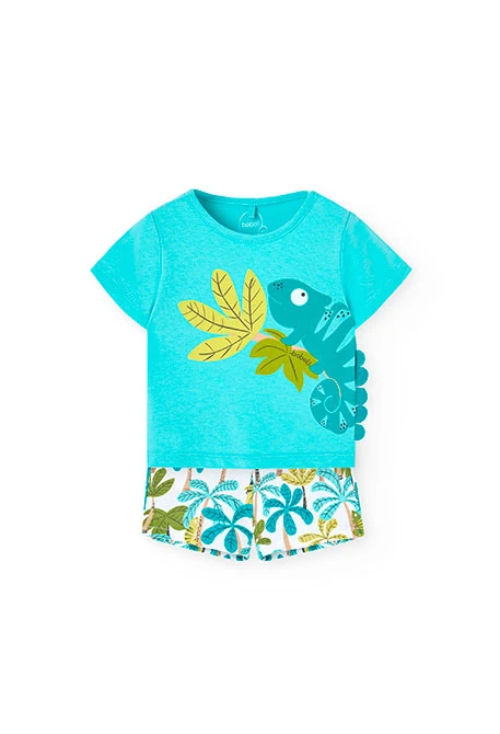 Completo di t-shirt e pantaloncini in maglia per bambino neonato di colore verde.
