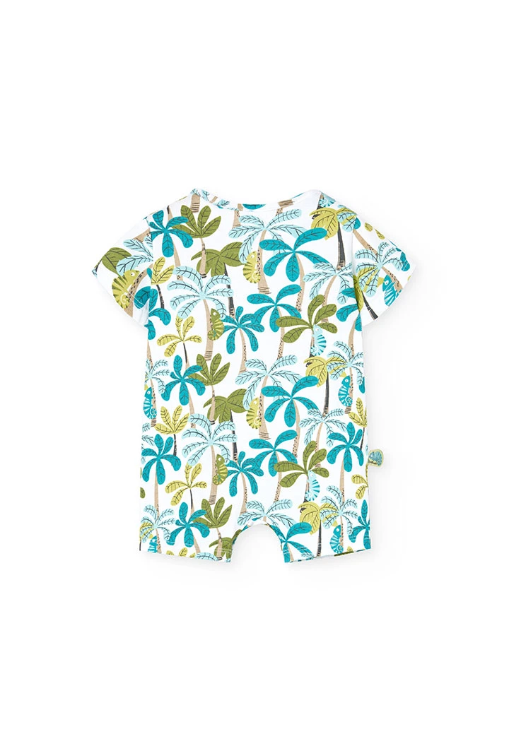 Pagliaccetto in maglia per neonato in colore blu e verde con stampa di palme.
