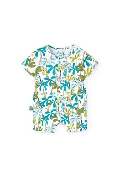 Barboteuse en tricot pour bébé garçon en bleu et vert avec imprimé de palmiers.