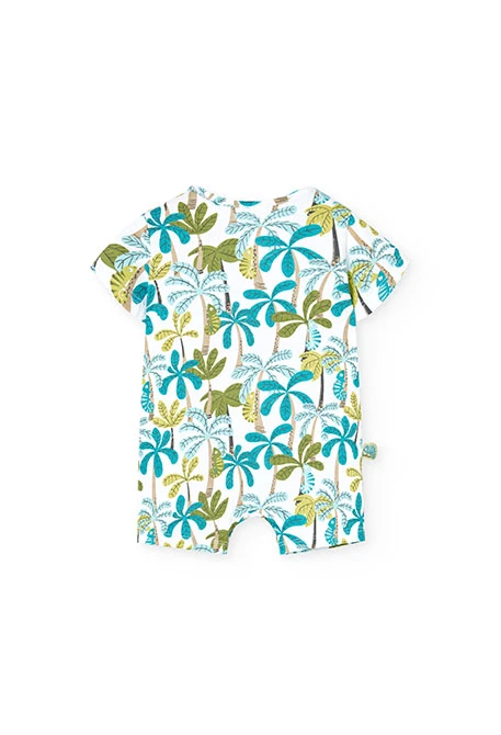 Barboteuse en tricot pour bébé garçon en bleu et vert avec imprimé de palmiers.