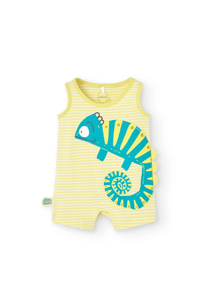 Baby boy knit romper in yellow with chameleon print