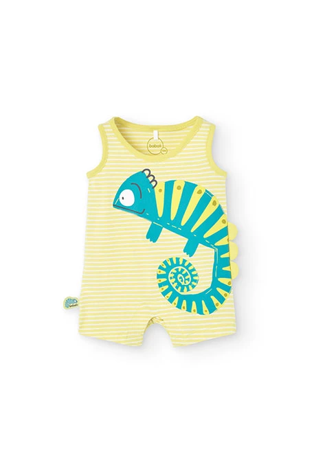 Grenouillère en tricot pour bébé garçon de couleur jaune avec motif caméléon.