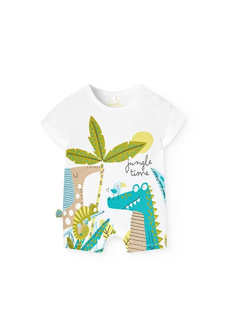Pagliaccetto corto a maglia per bambino di colore bianco con stampa jungle time.