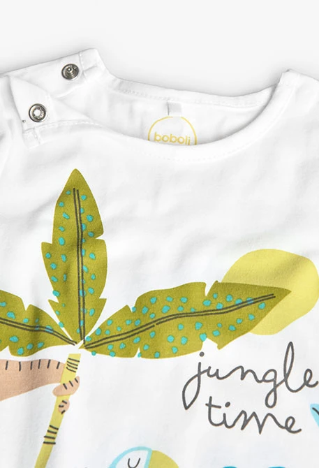 Combinaison courte en tricot pour bébé garçon de couleur blanche avec imprimé jungle time.