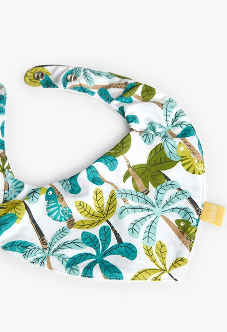 Lot de 2 bavoirs en tricot pour bébé en couleur jaune avec motif végétal.