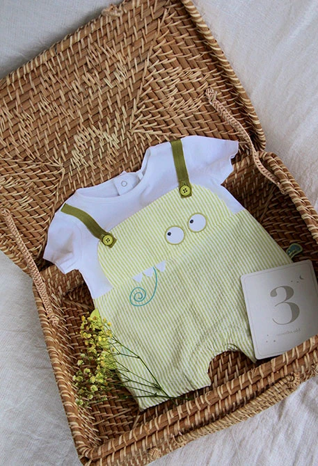 Poplin romper for baby boy striped in yellow colour