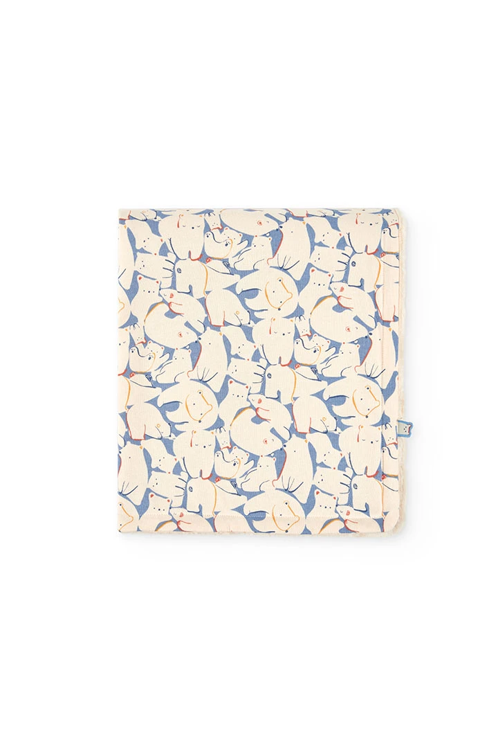 Baby blanket in printed blue and beige animal fleece.