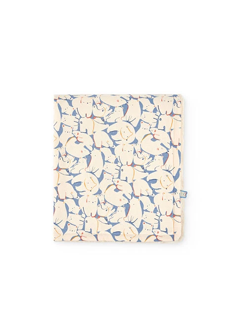 Babydecke aus bedrucktem Kuschelstoff mit Tieren, in Blau und Beige
