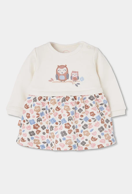 Baby white knit dress with embroidered owl flowers