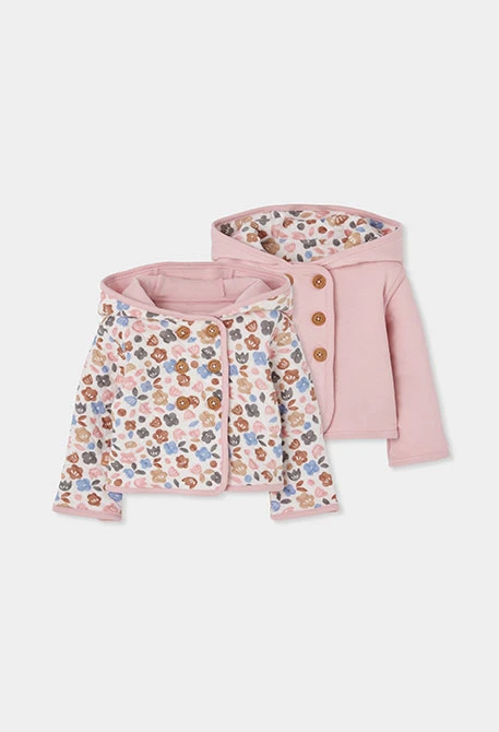 Chaqueta punto bebé rosa reversible estampado flores