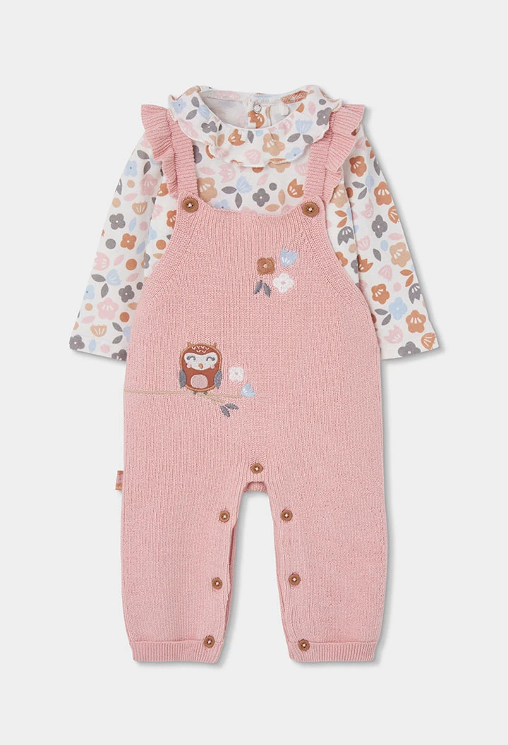 Ensemble maille bébé fille rose brodé hibou