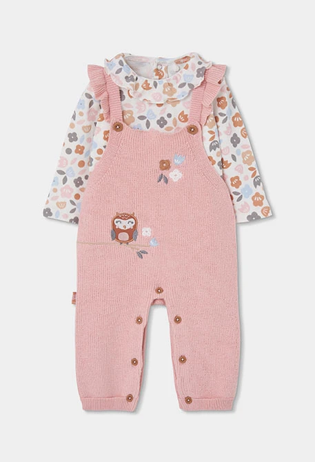 Ensemble maille bébé fille rose brodé hibou