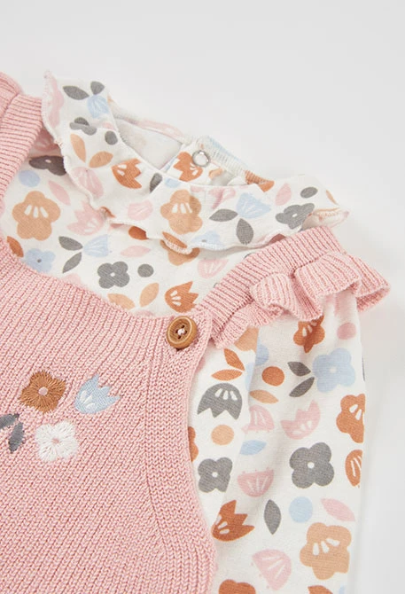 Ensemble maille bébé fille rose brodé hibou