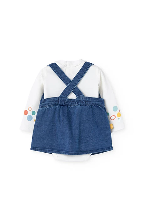 Ribbed bodysuit and denim pinafore set for baby girl in white