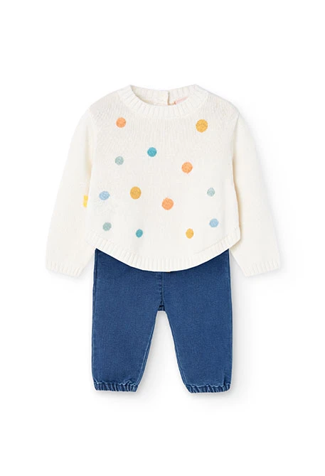 Set of knitted jumper and denim trousers for baby girl in white