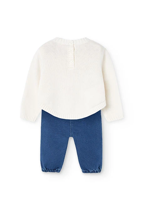 Set of knitted jumper and denim trousers for baby girl in white