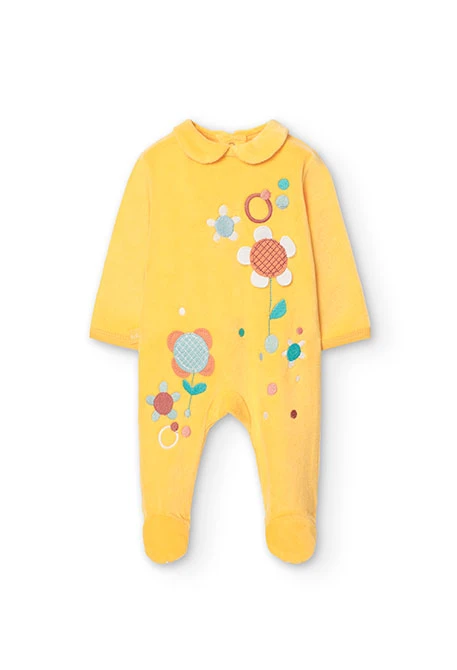 Babygrow de veludo para bebé menina com estampado de flores em amarelo