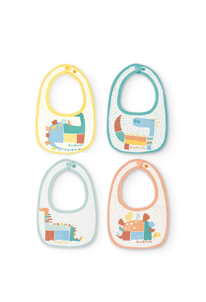 Pack of four baby bibs in white with dinosaur print