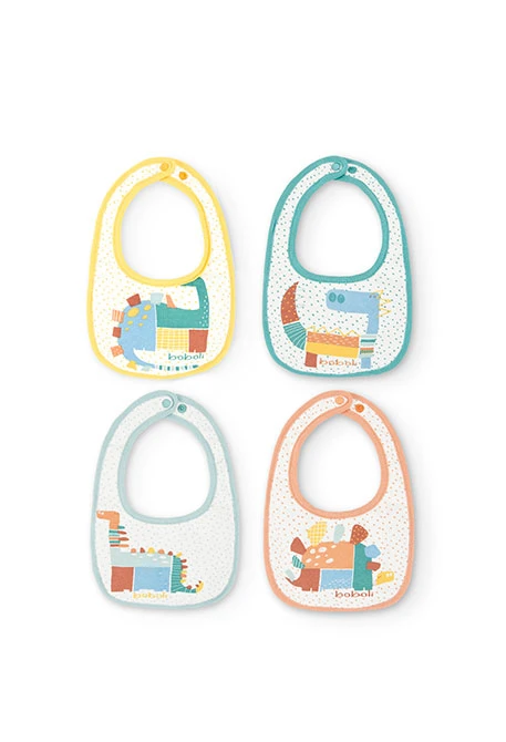 Pack of four baby bibs in white with dinosaur print