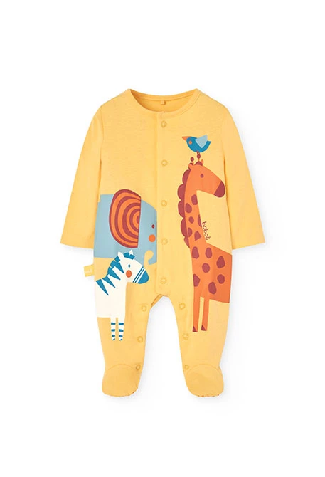 Grenouillère en tricot pour bébé coloris jaune avec imprimé d\'animaux.