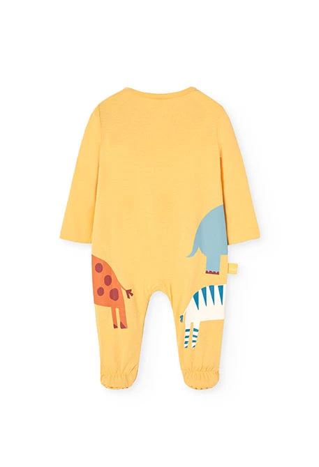 Grenouillère en tricot pour bébé coloris jaune avec imprimé d\'animaux.