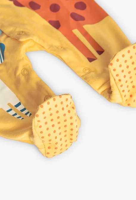 Grenouillère en tricot pour bébé coloris jaune avec imprimé d\'animaux.
