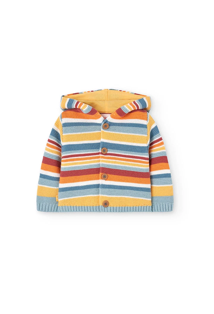Veste en tricot pour bébé de couleur jaune avec un motif à rayures.