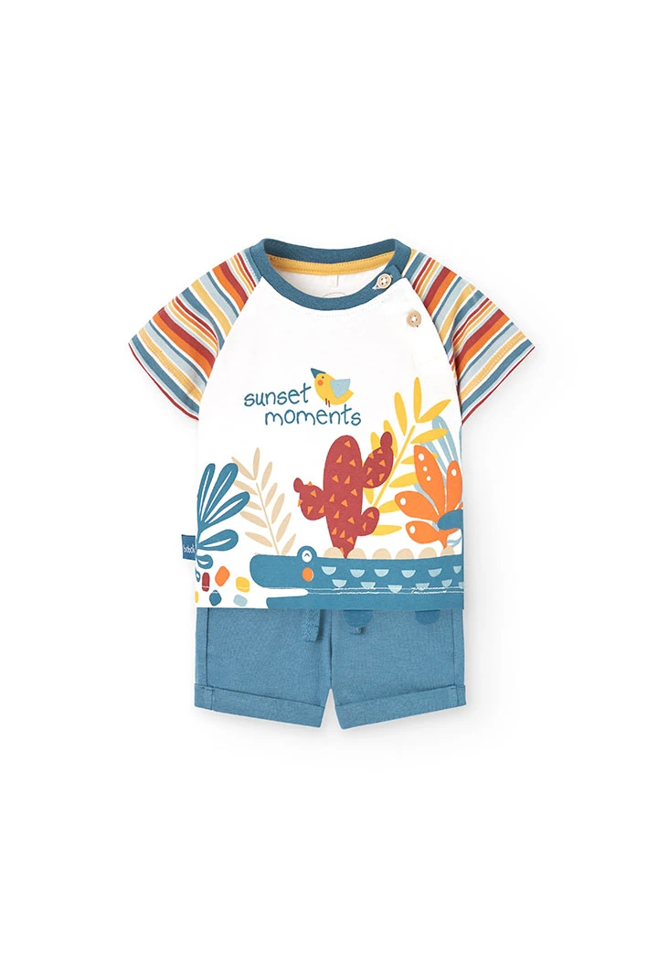 Baby boy knitted set of t-shirt and trousers in white with print