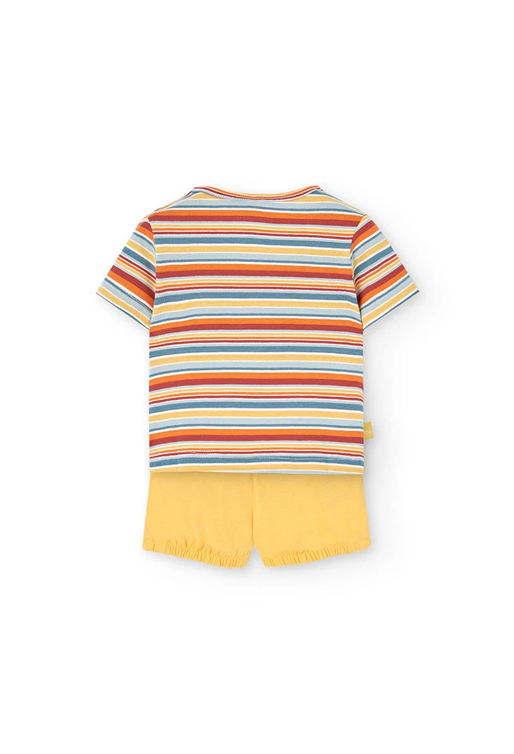 Set aus Strick-T-Shirt für Jungen in Gelb mit Streifenmuster und Krokodil.