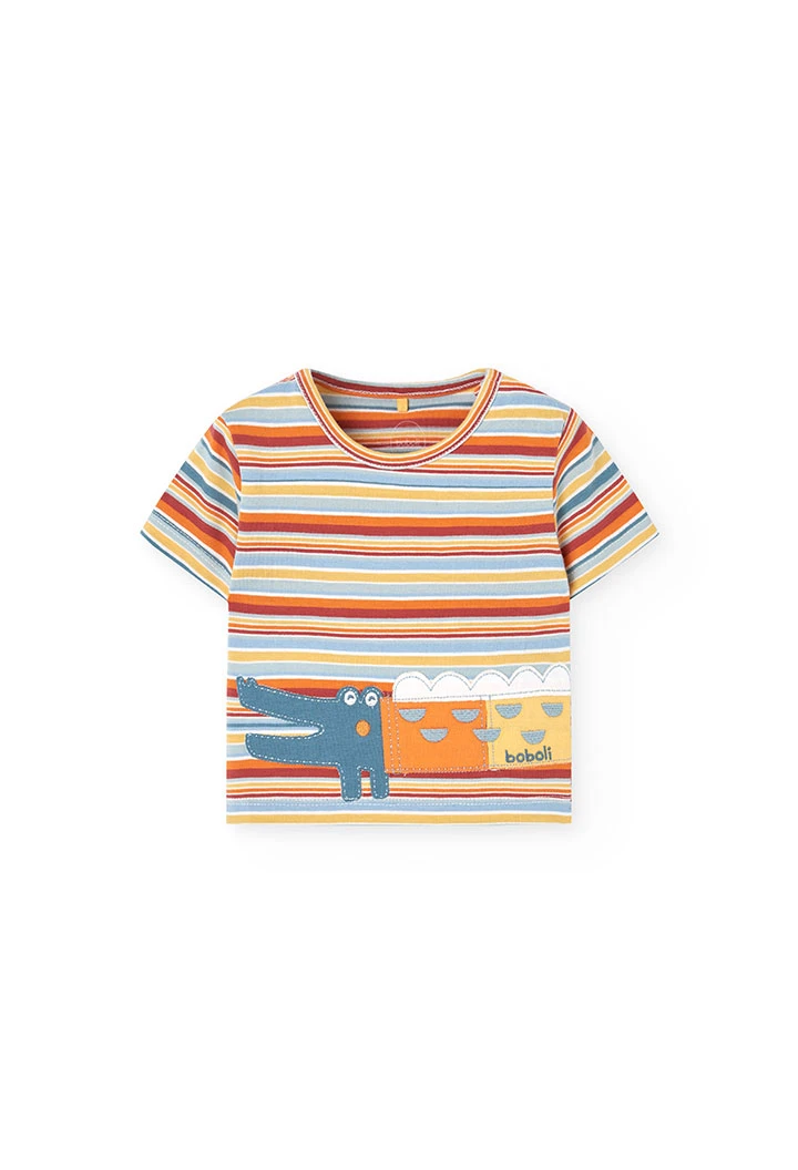 Set aus Strick-T-Shirt für Jungen in Gelb mit Streifenmuster und Krokodil.