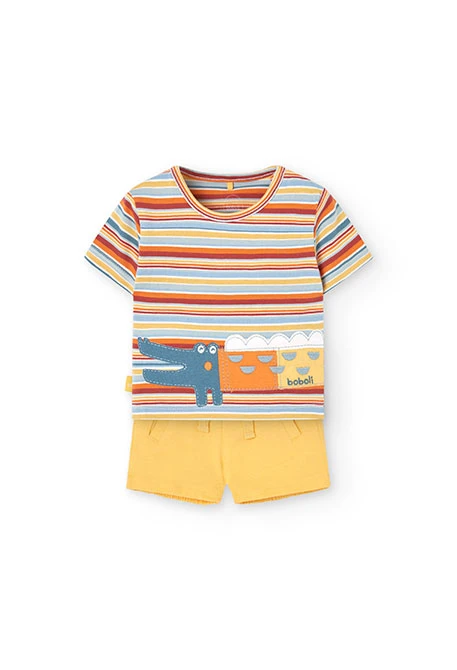 Set di maglietta in maglia per neonato di colore giallo con stampa a righe e coccodrillo.