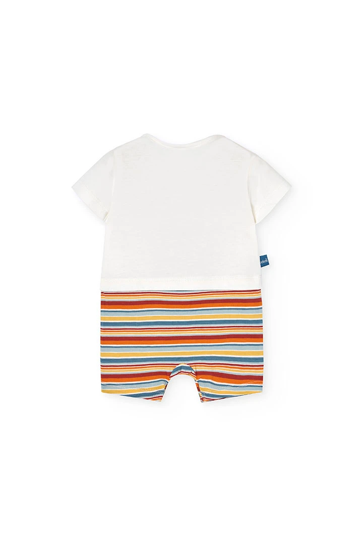 Grenouillère en tricot pour bébé garçon de couleur blanche avec motif de dinosaure.