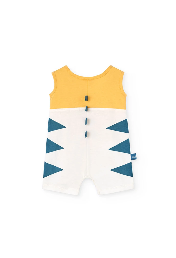 Sleeveless knit romper for baby boy in yellow with animal design