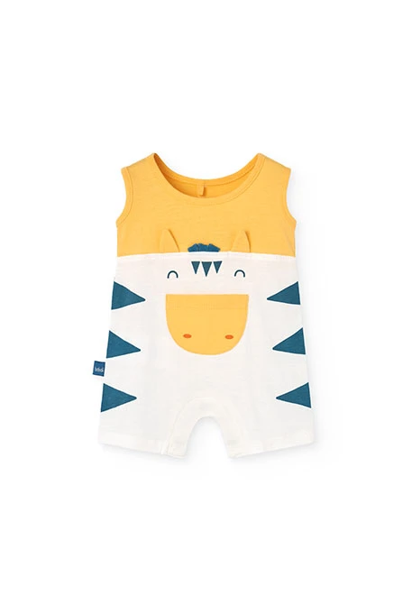 Combinaison à bretelles en tricot pour bébé garçon en jaune avec motif d\'animaux.