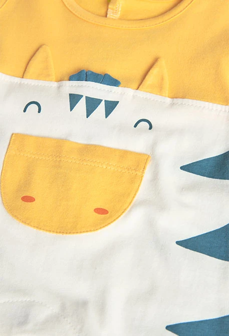 Sleeveless knit romper for baby boy in yellow with animal design