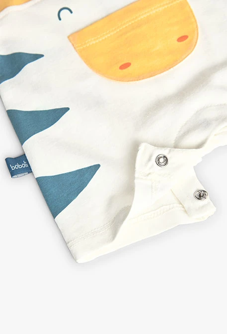 Sleeveless knit romper for baby boy in yellow with animal design