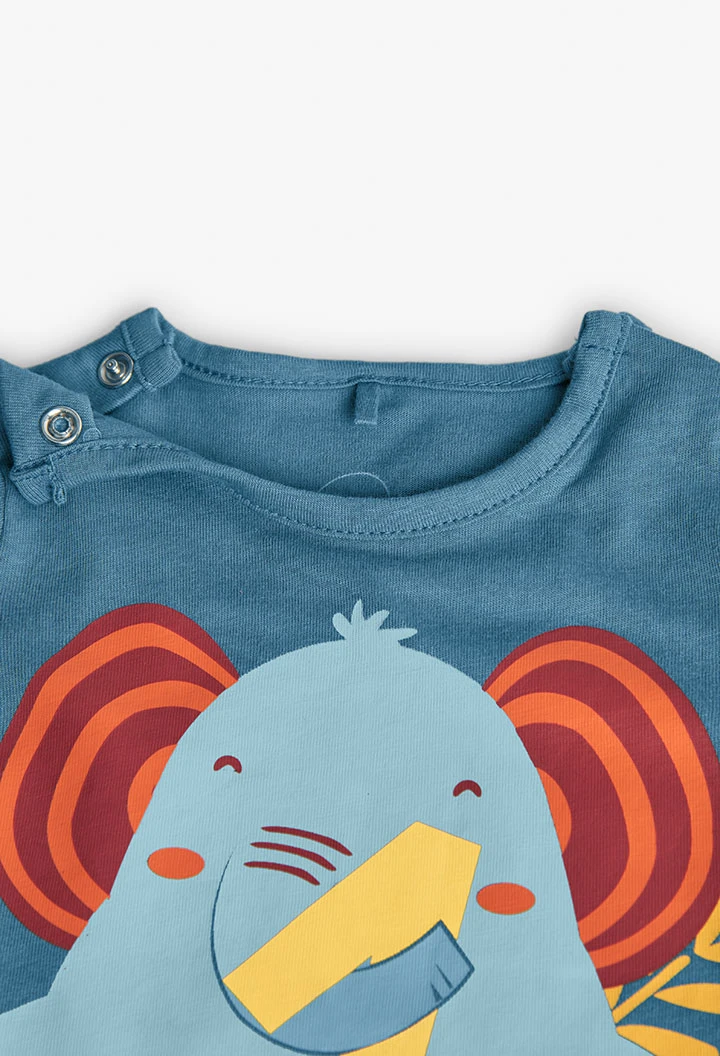 Macacão curto de malha para bebé menino em cor verde com design de elefante.
