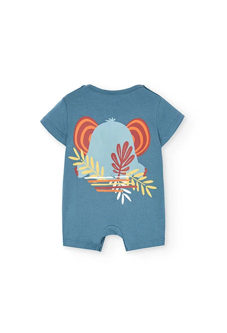 Baby boy\'s green knit short romper with elephant design