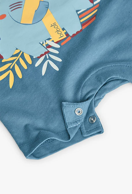Baby boy\'s green knit short romper with elephant design