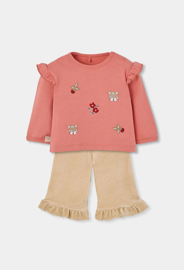 Conjunto de malha bebé menina rosa bordado de veados