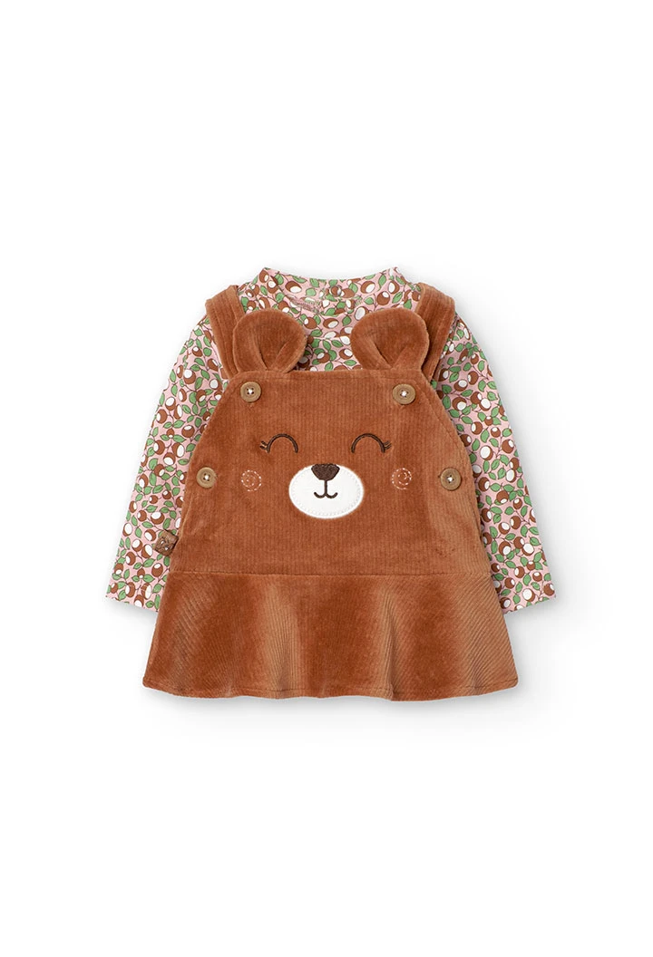 Body suit set and pinafore for baby girl with bear print