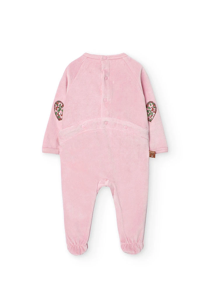 Velvet jumpsuit for baby girl in pink with hearts print